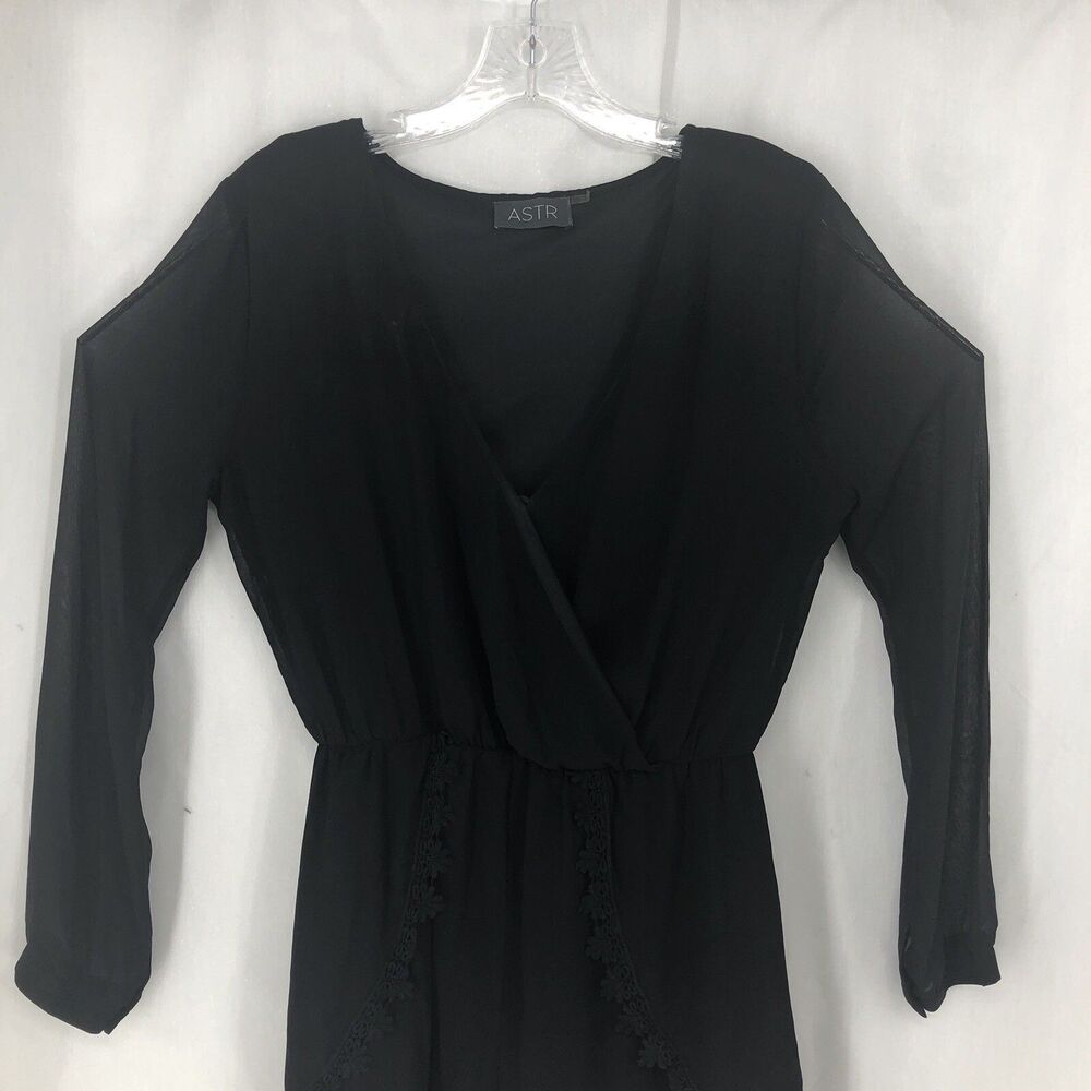 ASTR Romper Shorts Black Sheer Long Sleeve V Neck Lace Trim Medium